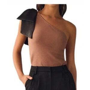 Maeve Anthropologie One Shoulder Bow Top Mauve Brown Ribbed Knit XL OB1747508
